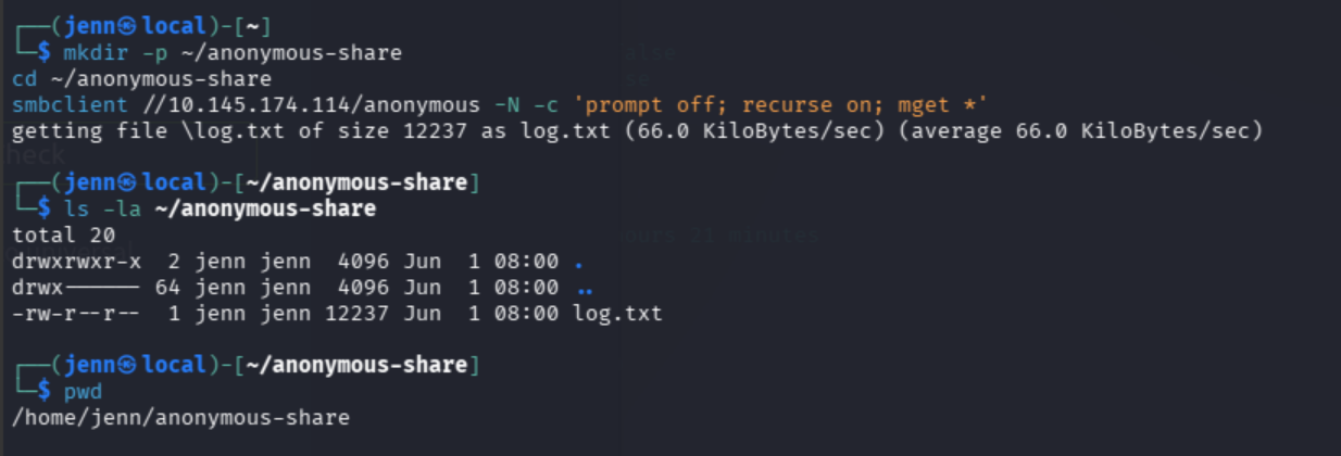 smbclient recursive mget downloading log.txt from the anonymous share